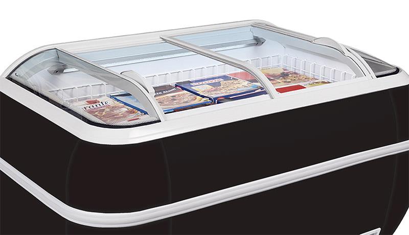 Supermarket freezers and coolers in black and grey